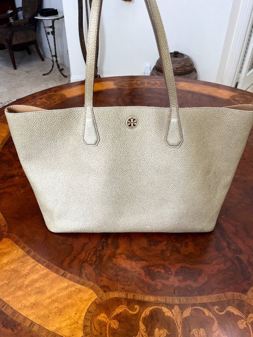 Tory Burch Gold Metallic Perry Leather Tote Large Purse Shoulder Bag